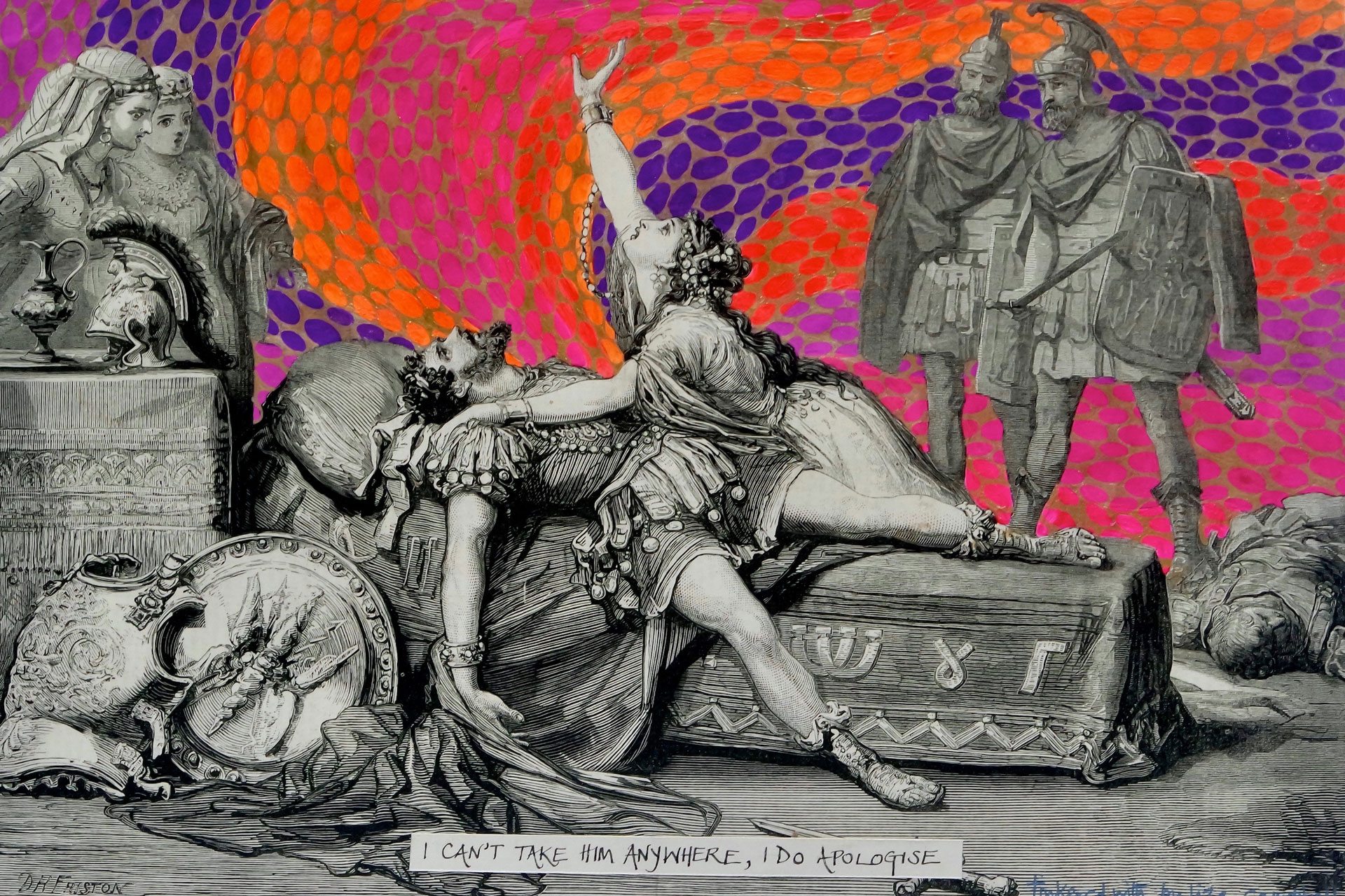 Liza Campbell I Can't Take Him Anywhere I Apologise 2017 ink gouache and acrylic on a 19th century engraving by David Friston