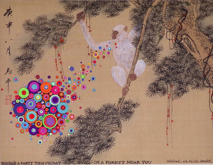 Liza Campbell Theres-a Party This Thursday In a Forest Near You 2017 ink gouache and acrylic on 20th century Japanese silk painting