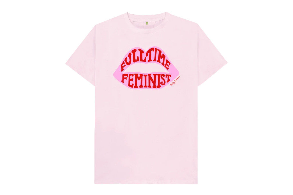 Pink t-shirt with pink lips spelling out 'Full-Time Feminist'