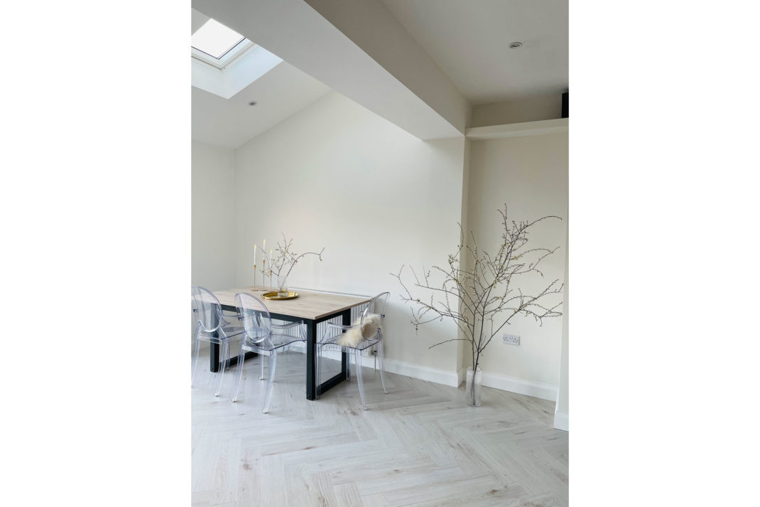 a cream interior with a herringbone tile technique by Luxury Flooring