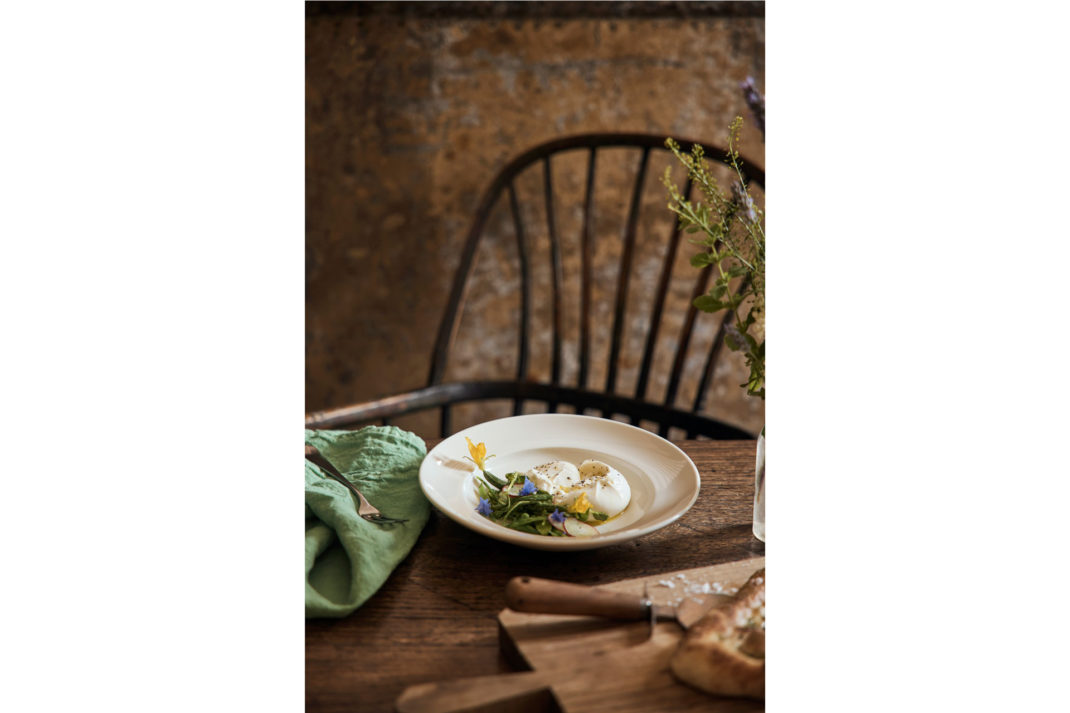 a burrata dish at The Fox in Oddington hotel, which is a cosy pub in the Cotswolds in the UK