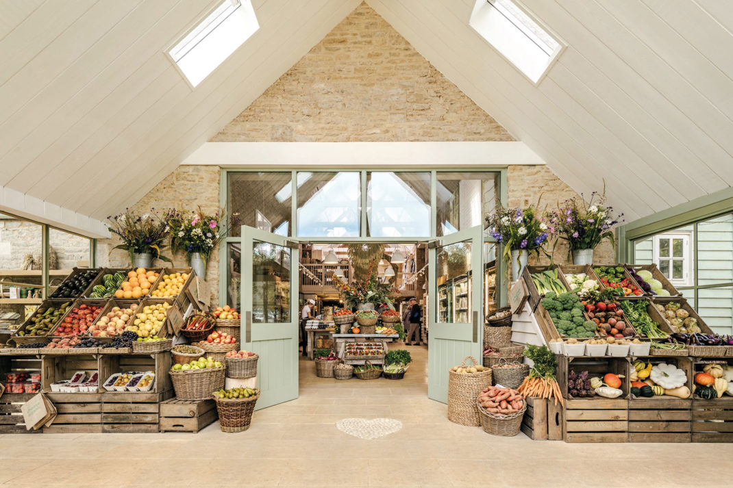 fresh vegetables line the shelves at Daylesford farm in Oddington, in the Cotswolds
