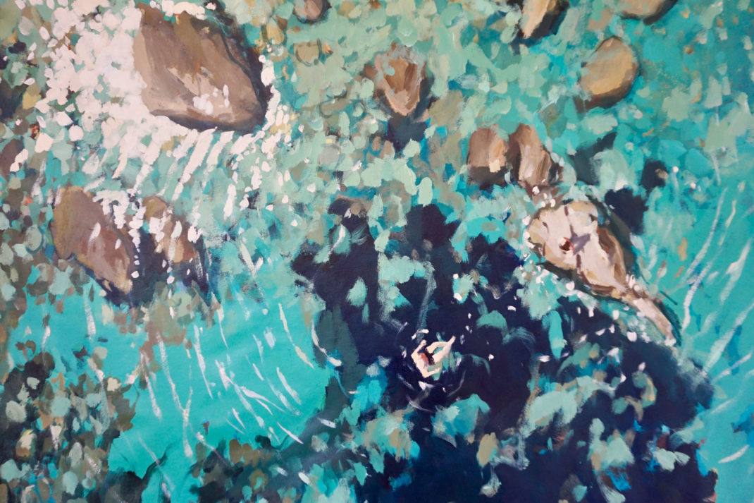 a bird's eye view of a coastline, painted by Nina Brooke