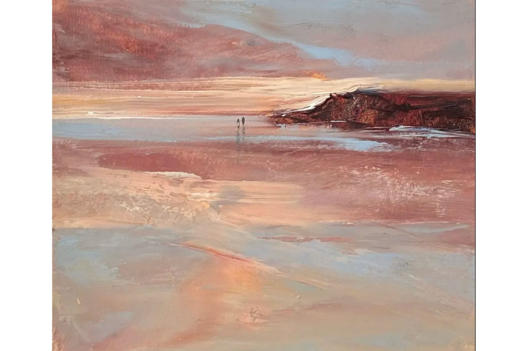 a painting of the seascape, titled Sienna Evening, by artst Maggie O'Brien, courtesy of Eastwood Fine Art
