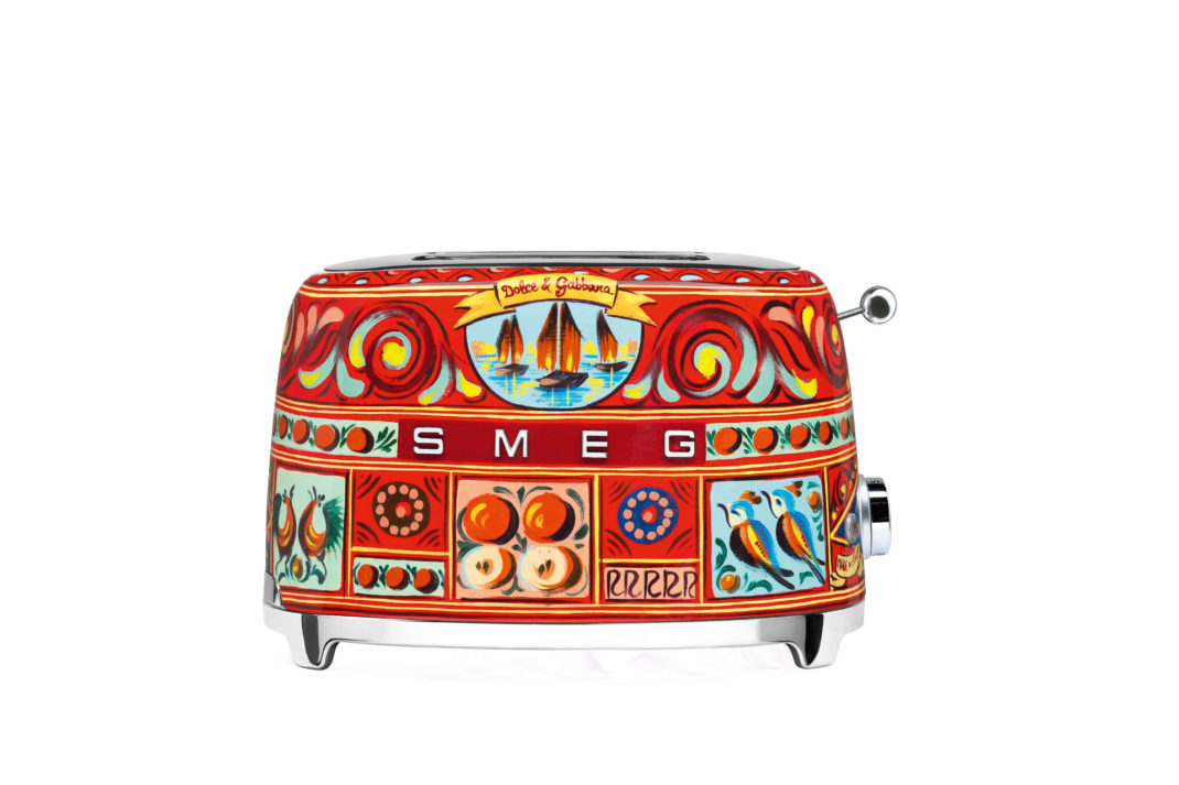 a patterned red Smeg and Dolce & Gabbana toaster
