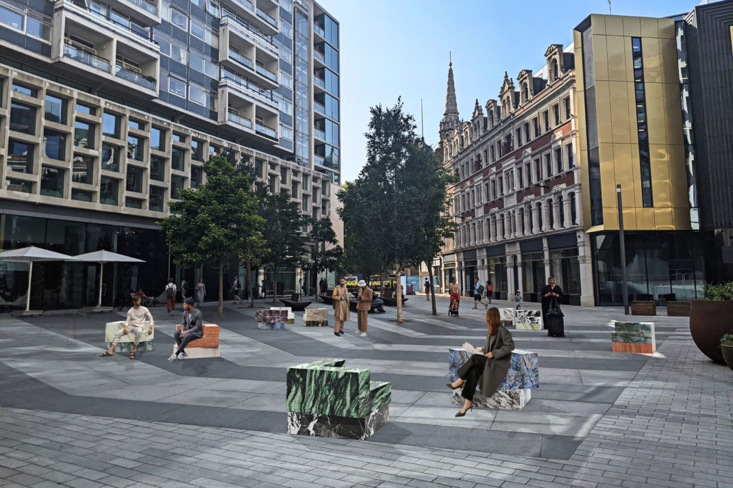 Designer Sabine Marcelis, has transformed Tottenham Court Road's St Giles Square, where members of the public can swivel in rotating chairs
