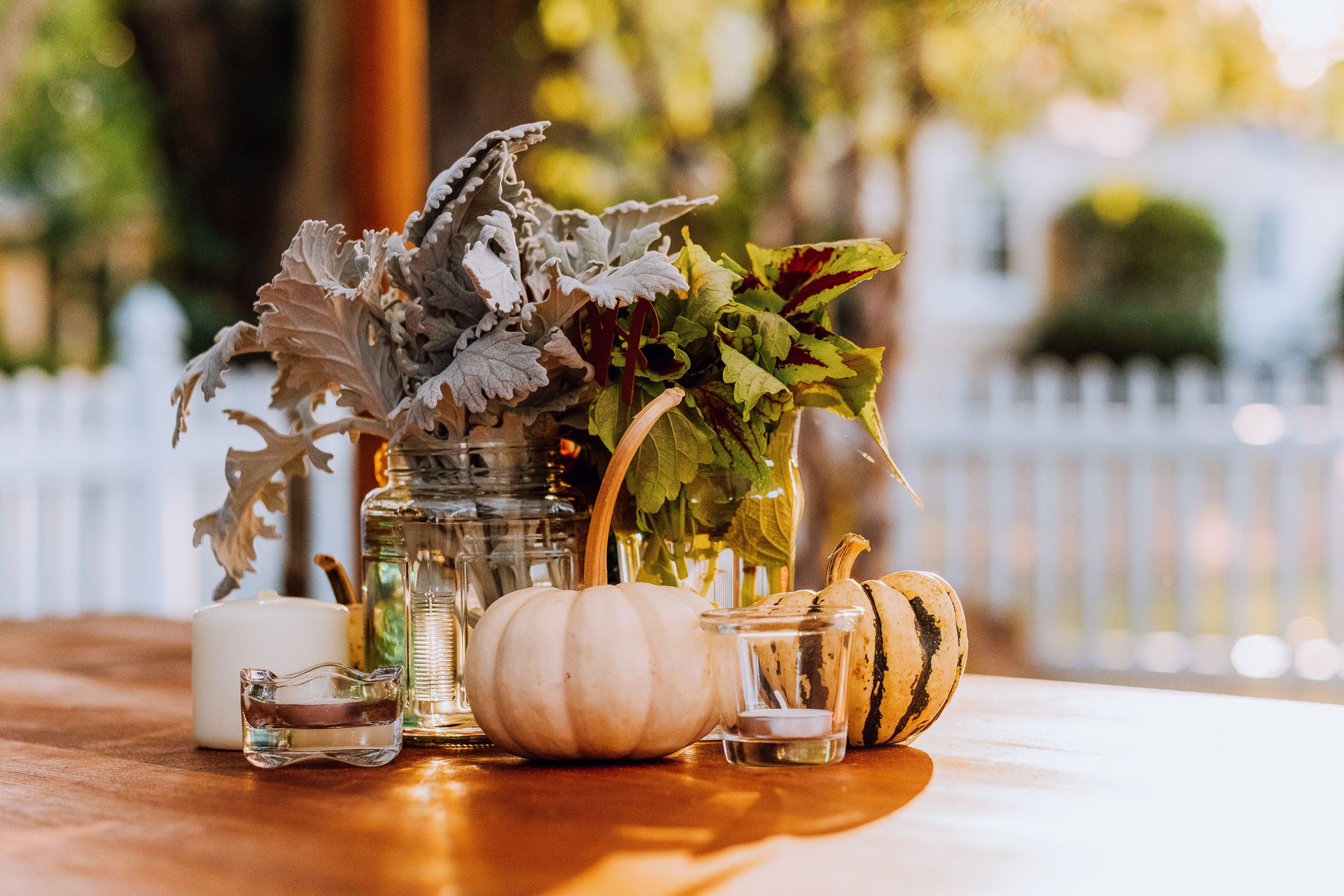 Pumpkins and autumnal decor on a table