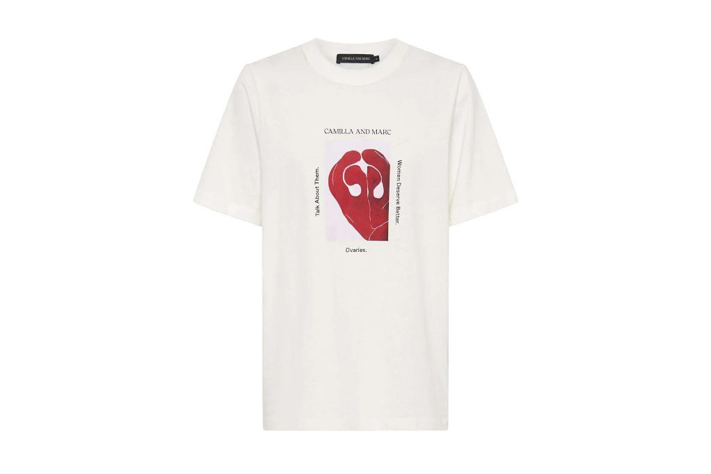 White t-shirt with design on the front