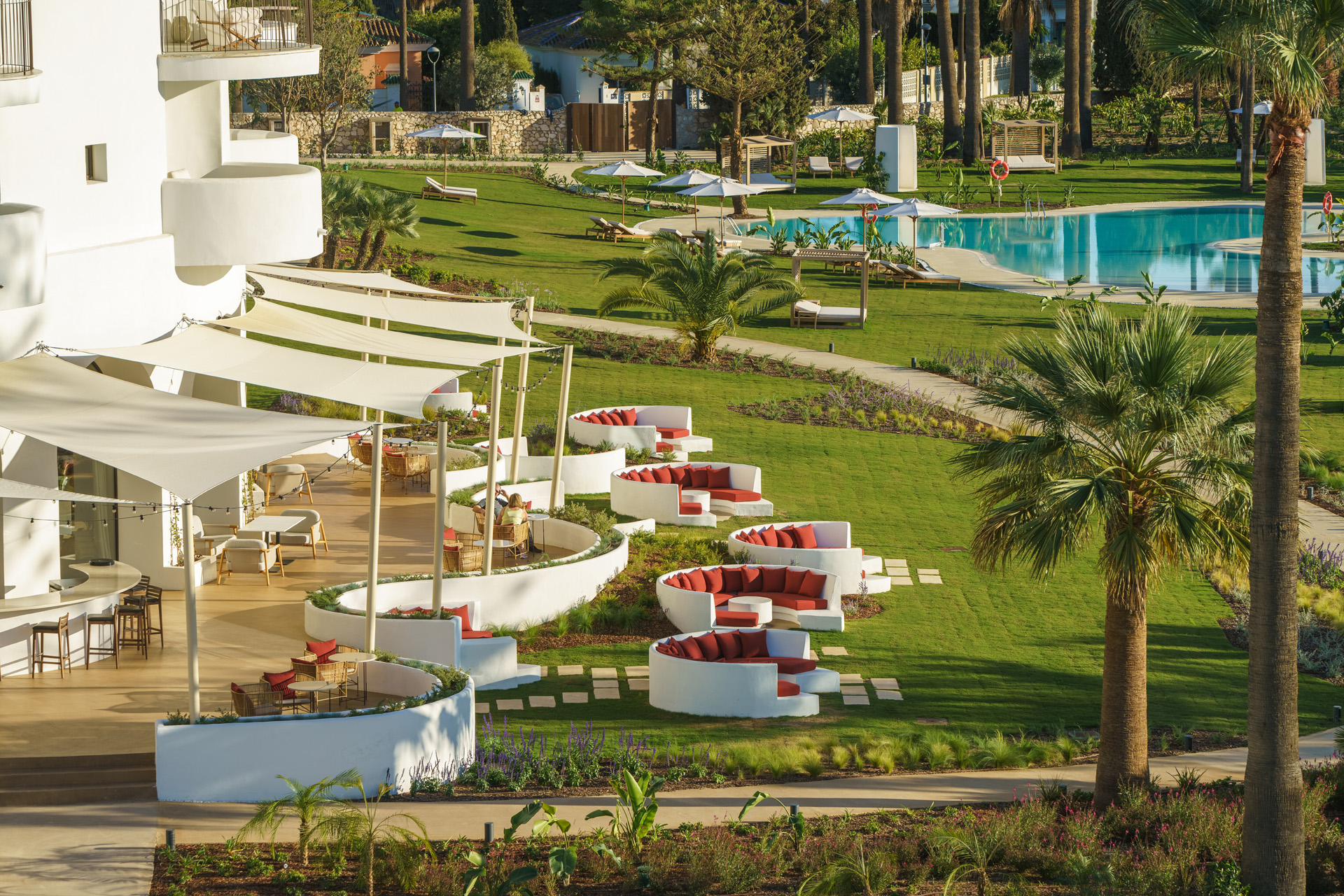 Sunbeds and the pool with grass