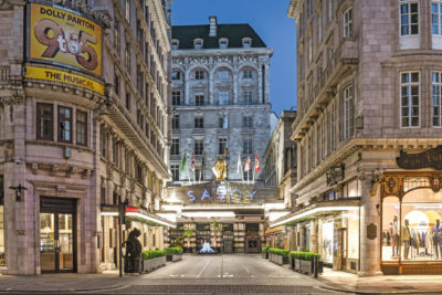 Exterior of the Savoy at night.