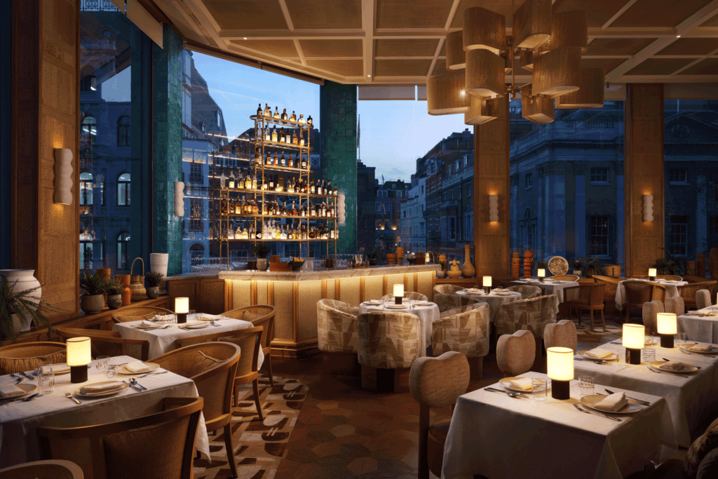 Interior of Riveria restaurant at twilight/