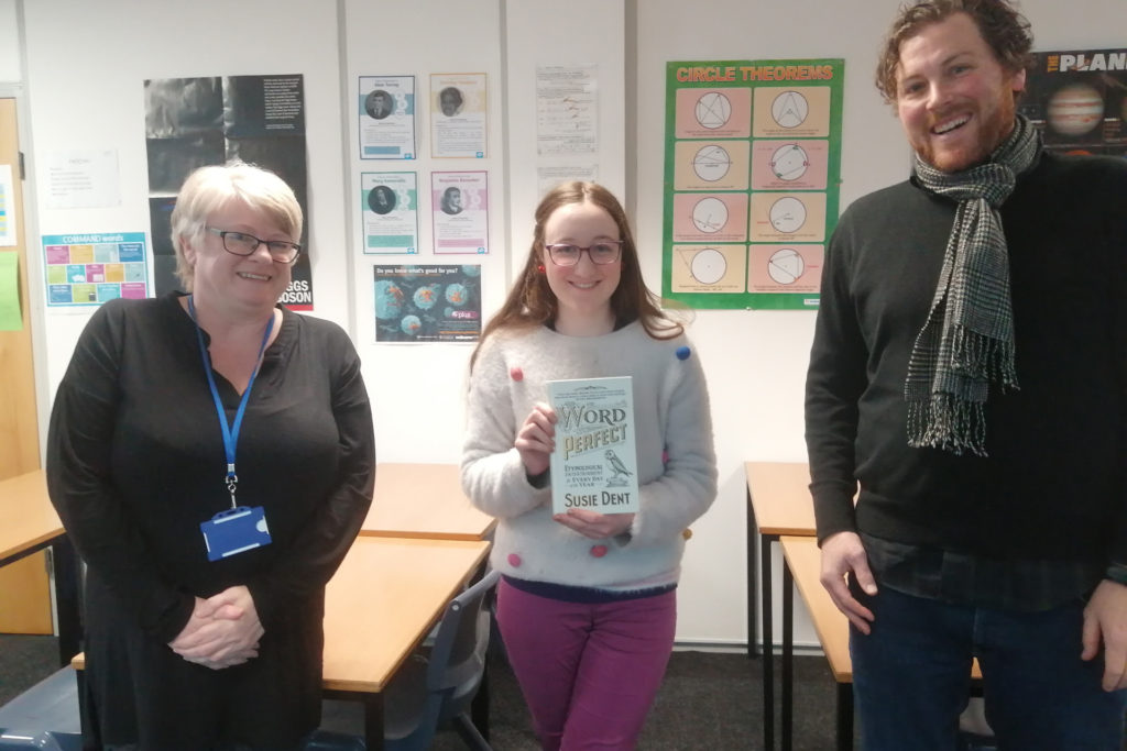 Abbey College Manchester Student Ada (centre), pictured with English Teachers Karen McLean (L) and James Davies (R)