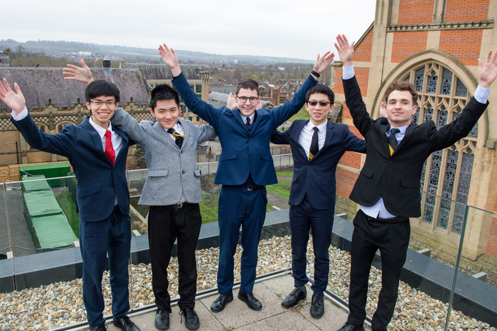 High Flyers! Members of Tonbridge's winning team celebrate on the roof of the School’s Barton Science Centre