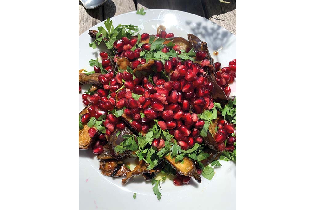 A Lottie Brook speciality: aubergine, pomegranate seeds and loads of herbs