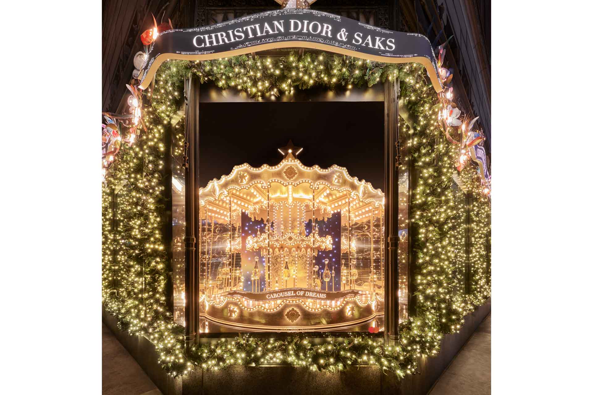 Festive Dior window display at Saks Fifth Avenue