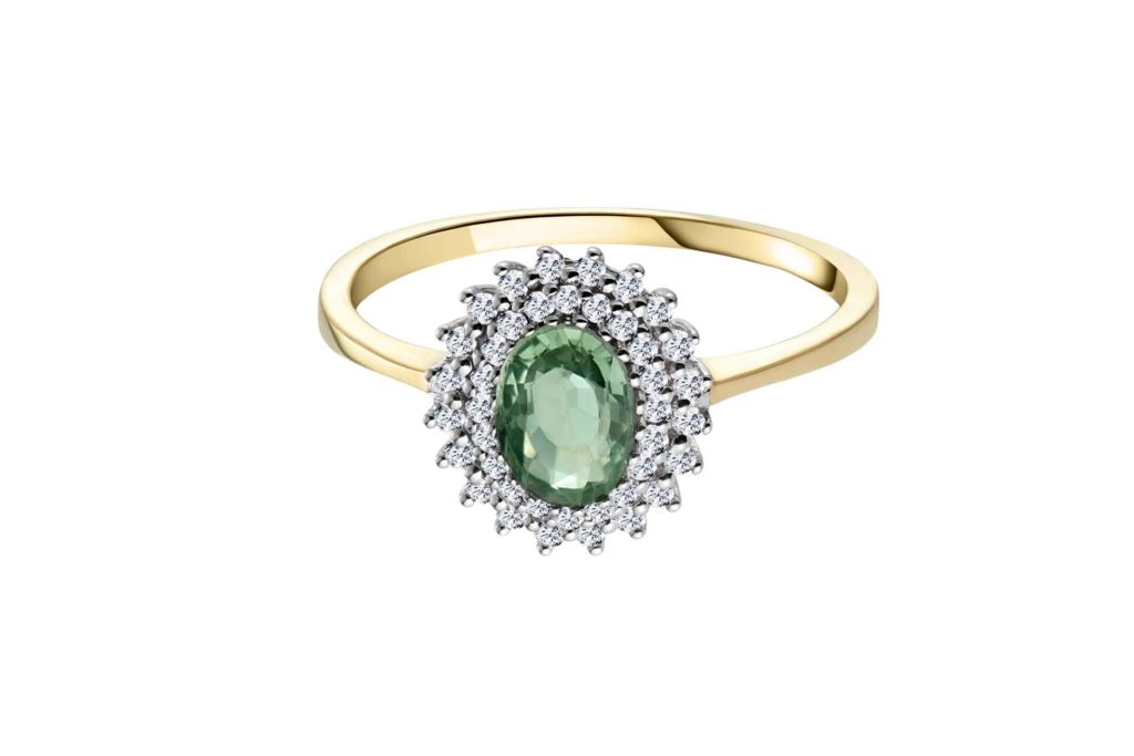 The Diamond Store Green Sapphire 7 X 5mm And Diamond 9K Yellow Gold Ring
