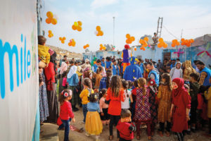 People gathering in the streets to celebrate