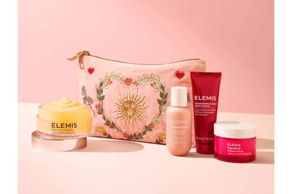 Pink pouch with Elemis products