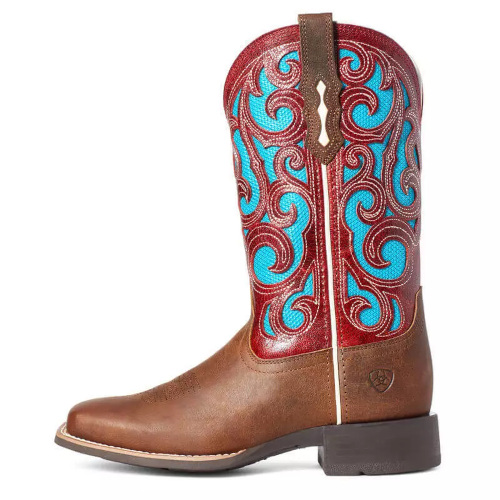 Red, blue and brown secondhand cowboy boots