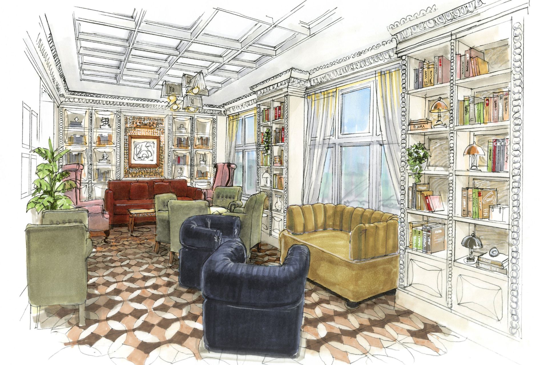 Design illustration featuring blue armchairs, yellow sofas and a tiled floor.