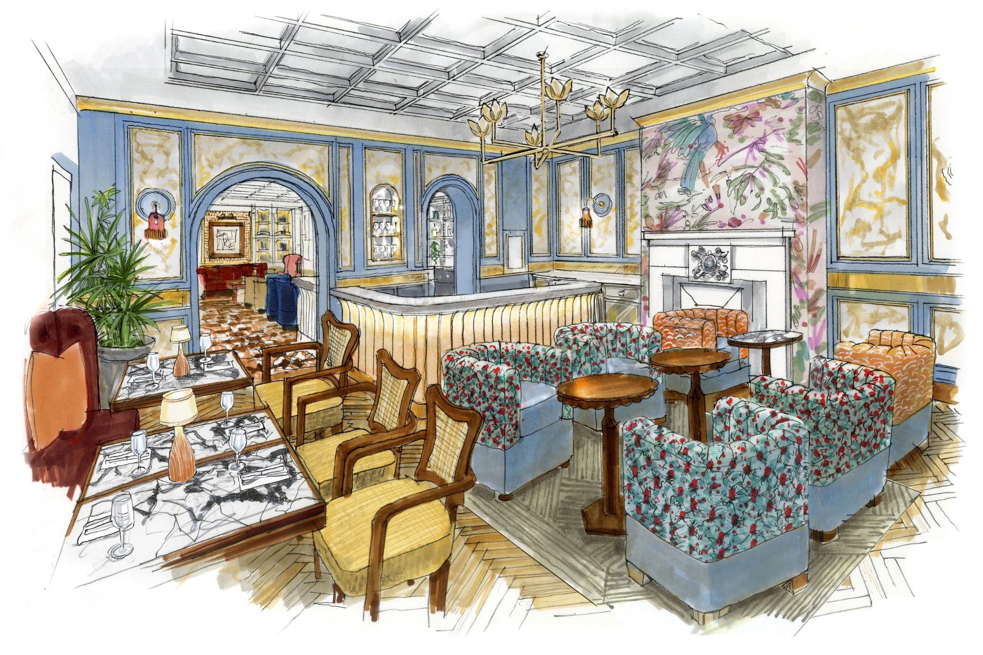 Illustration of reception lounge, with blue armchairs, yellow dining chairs and blue and yellow wallpaper.