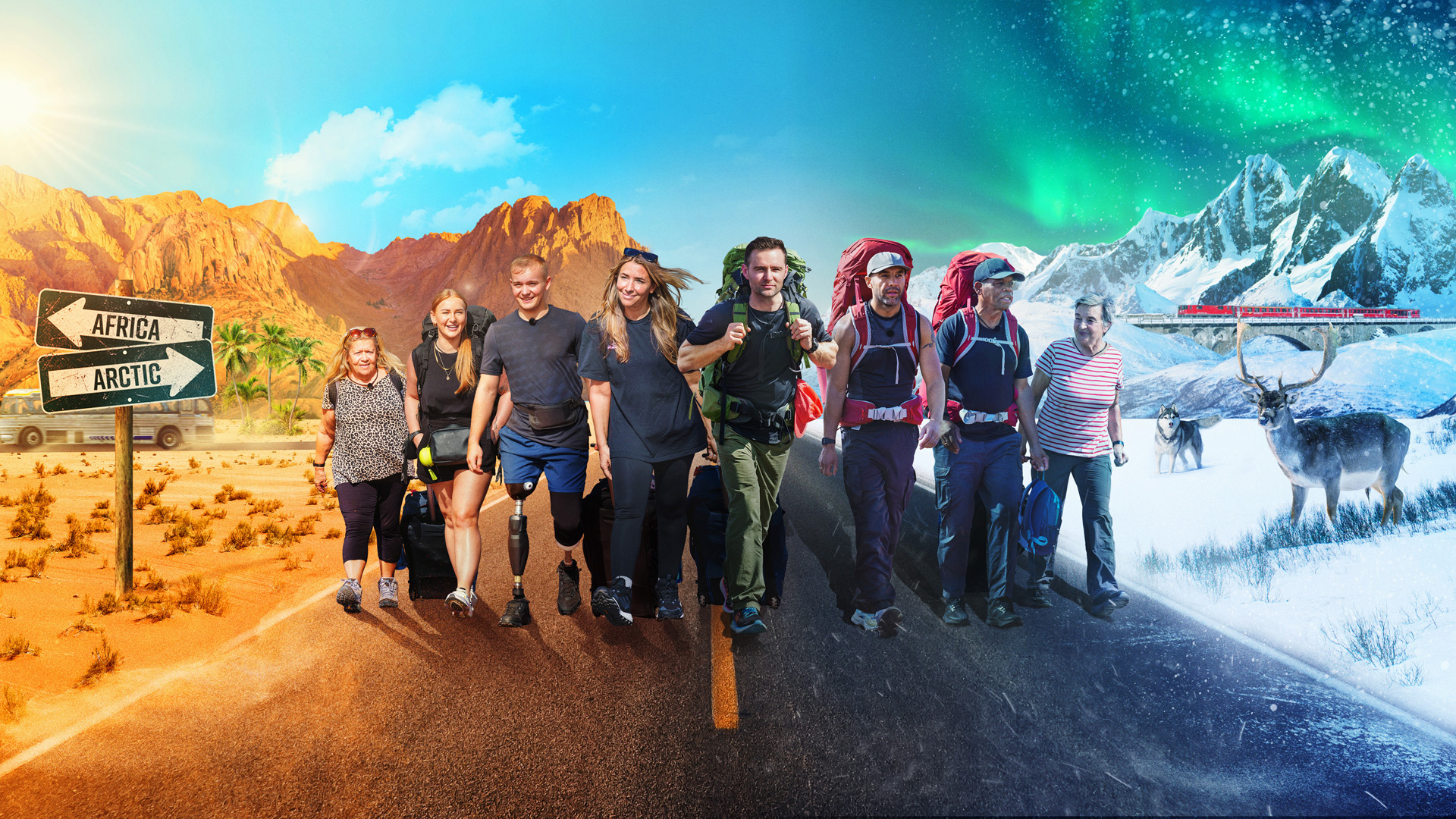 Celebrity Race Across The World S1: (L-R) Helene Blatt, Bonny Monger, Billy Monger, Mel Blatt, Harry Judd, Alex Beresford, Noel Beresford & Emma Judd