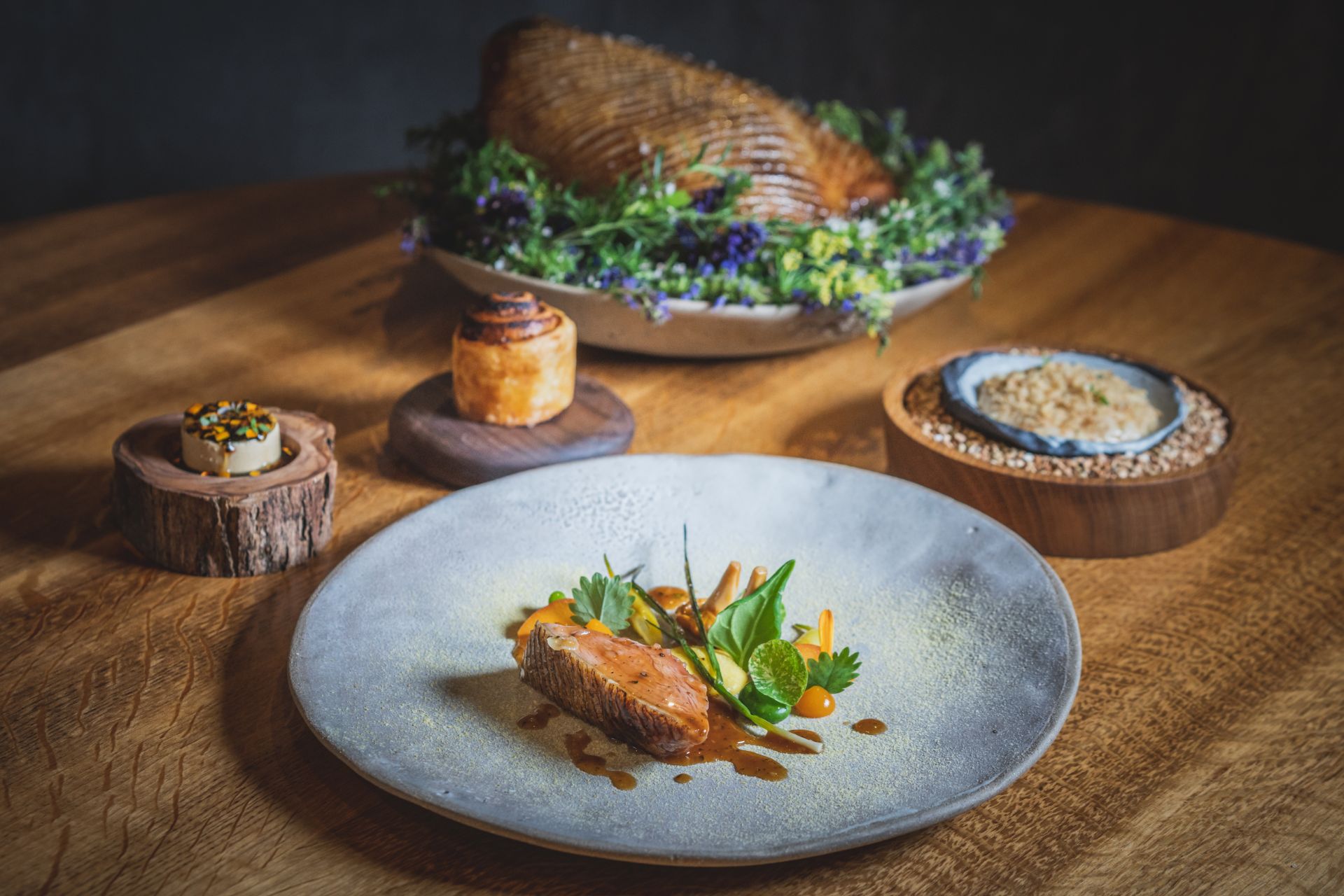Honey roast duck served with girolle, sweetcorn and beans.