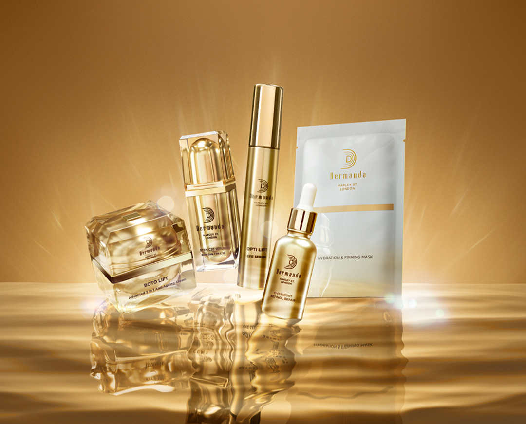 Skincare products on gold background