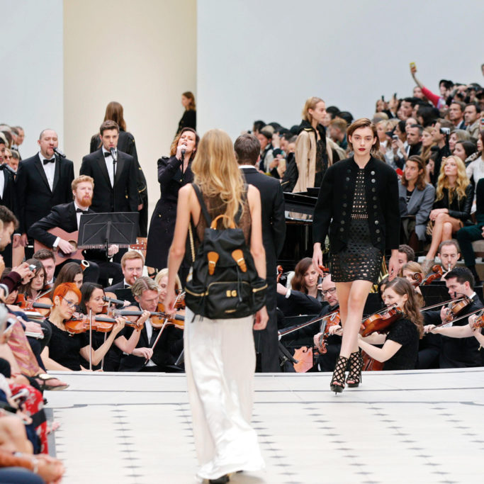 Model on the catwalk at Burberry’s SS16 show