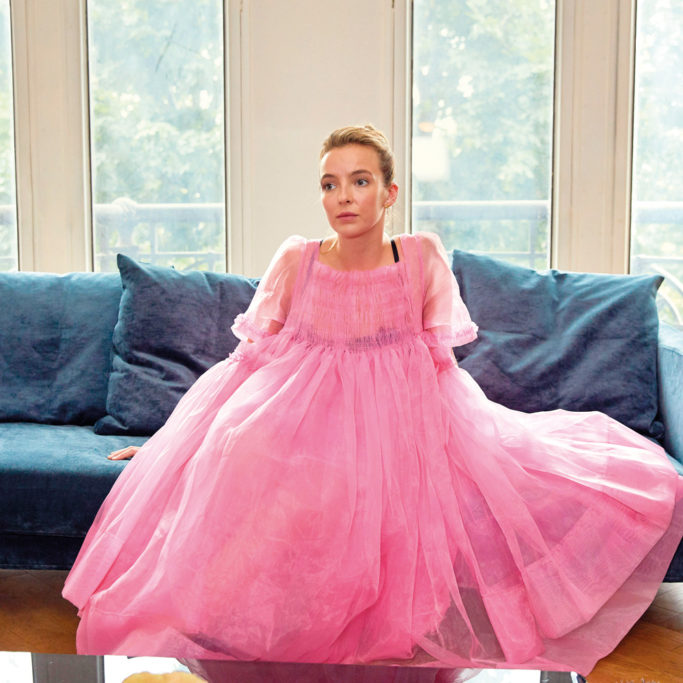 Jodie Comer in pink Molly Goddard dress